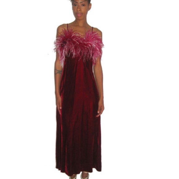 SOLD Vintage Rare Feather Boa Burgundy White Strappy Velvet Long Dress - Picture 3 of 4